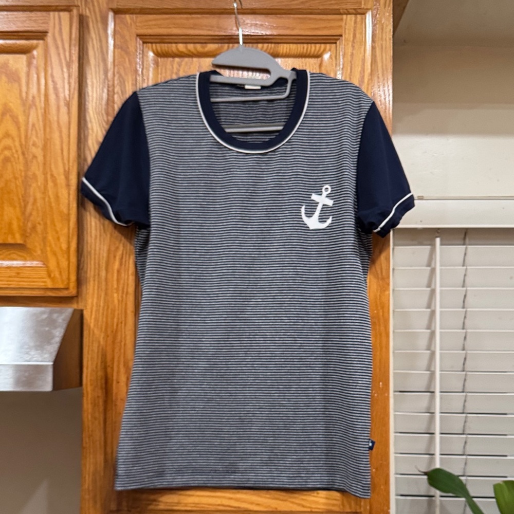 MEN’s ANDREW CHRISTIAN Navy Anchor Striped Tee size SMALL (36-38)